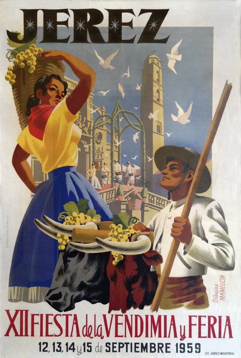 Rafael Virués (firmado Dibujos Mamelón), cartel XII Fiesta de la Vendimia y Feria (1959). Litografía Jerez Industrial. Ayuntamiento de Jerez.