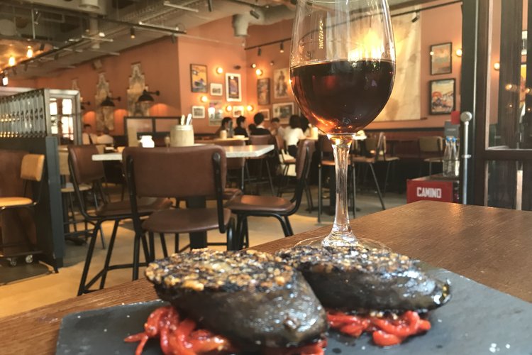 Morcilla and red peppers with Amontillado at Camino, London 