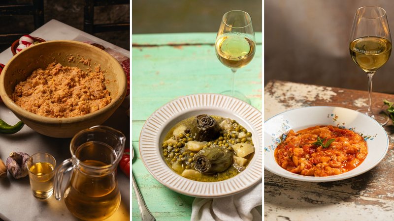 Ajo campero y Mosto-Papas con chícharos y alcauciles y Fino-Sopa de tomate y Fino