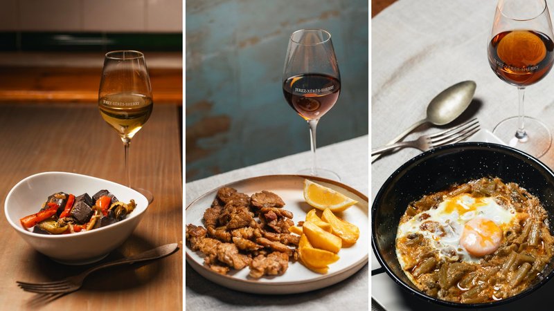 Sangre encebollada y Fino-Mollejas de ternera y Amontillado-Tagarninas esparragadas con huevo y Amontillado