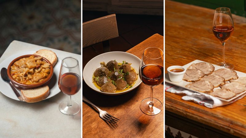 Menudo y Amontillado-Alcachofas guisadas y Palo Cortado-Carne mecha y Oloroso