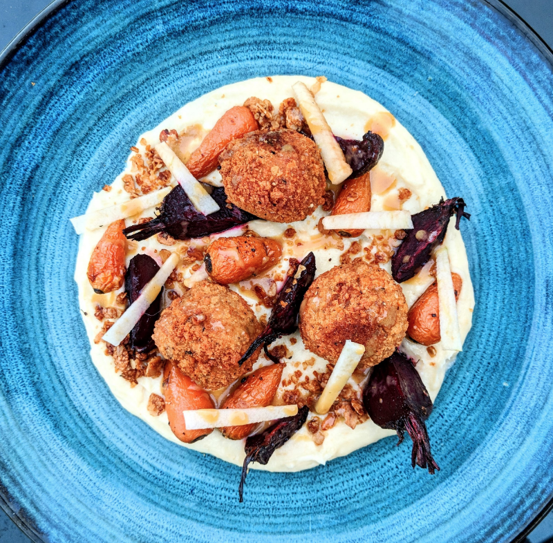 Sausage bonbons with roasted vegetables sherry wines