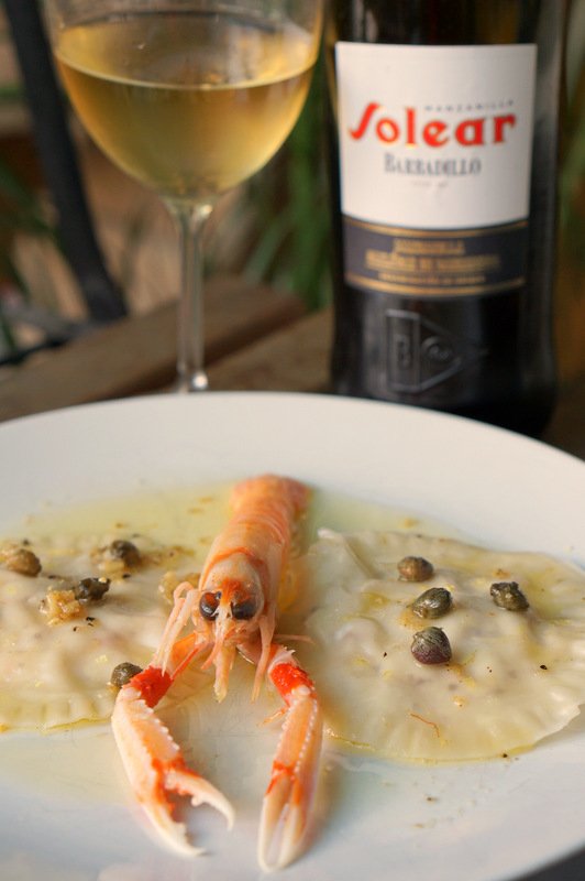 Poached Langoustine & Prawn Ravioli with Lemons, Capers & Manzanilla with Manzanilla Solear